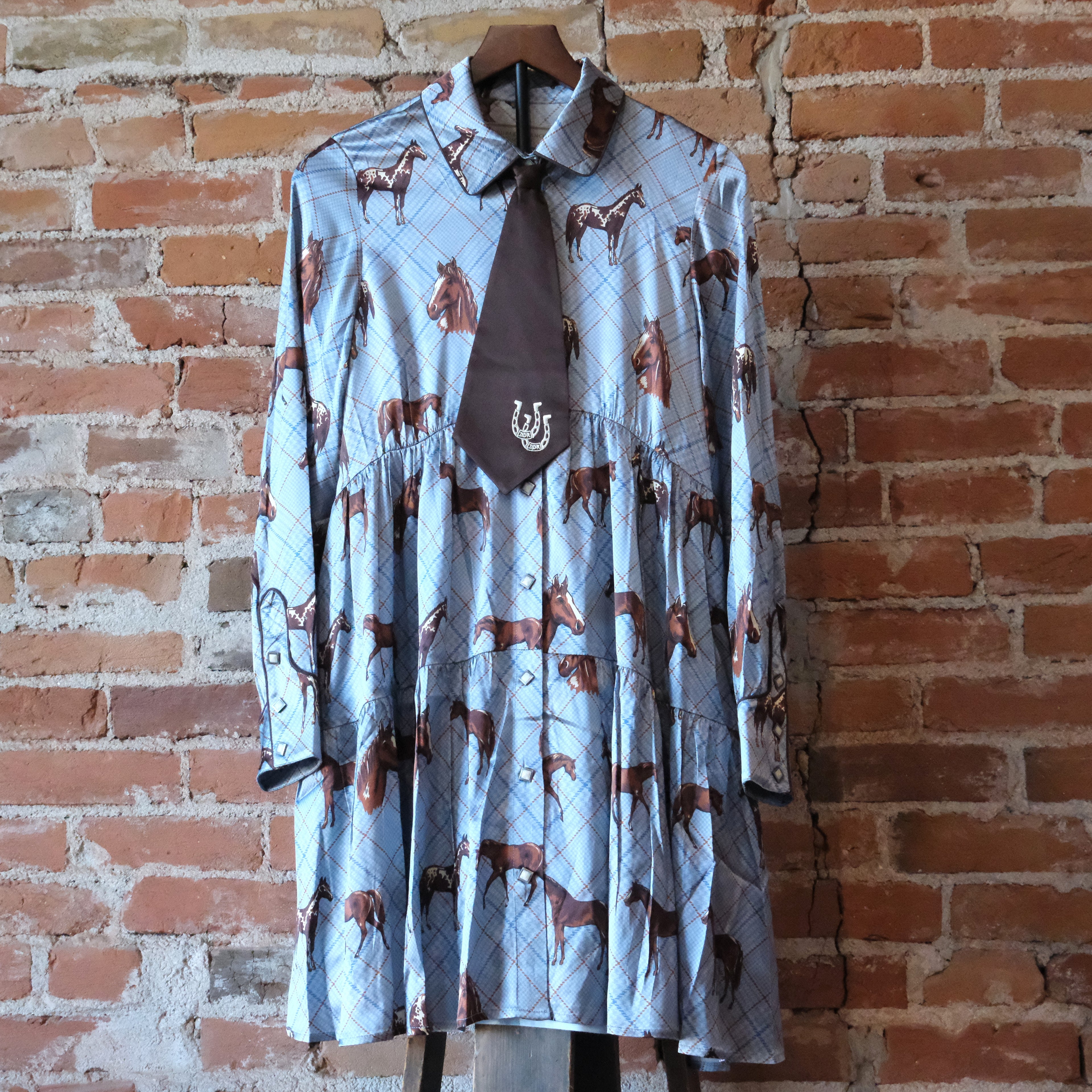 Double D Ranch Nu Rodeo silk dress with custom horse print and tiered skirt