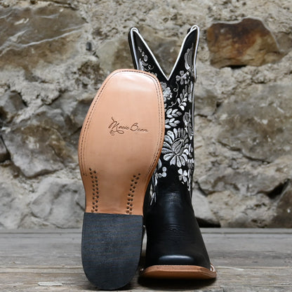 Macie Bean 13″ “Black Eyed Susan” boot with black leather and white floral stitching