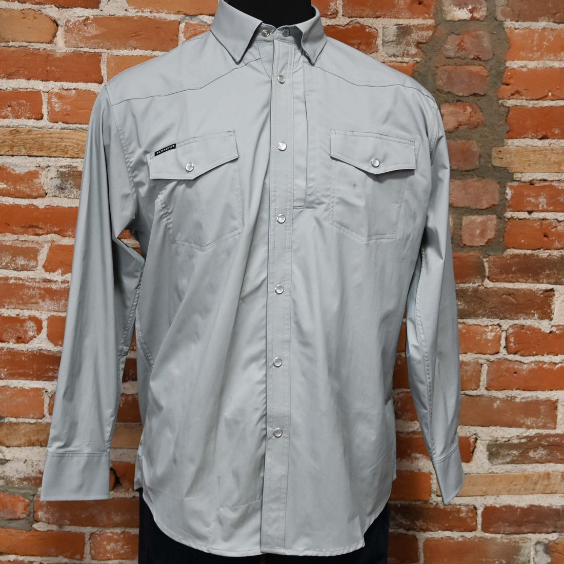 View of Schaefer RangeTek long-sleeve snap shirt in assorted patterns with mesh back yoke and chest pockets