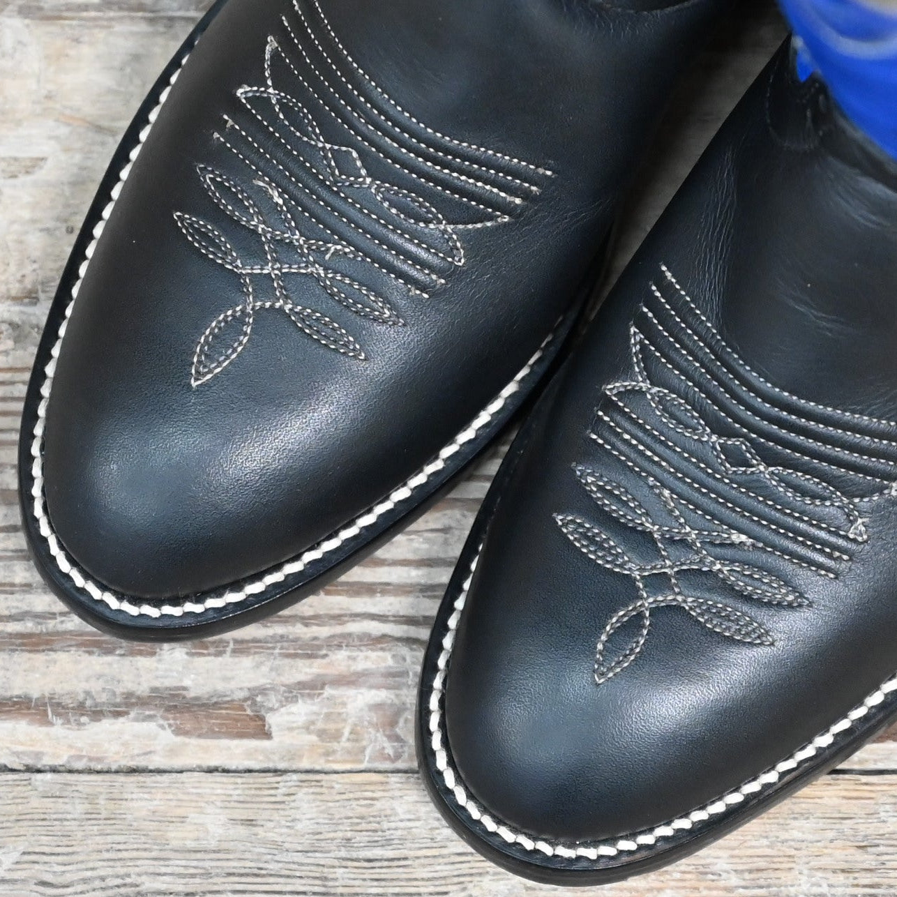 View of Hondo 14&quot; cowboy boot with royal blue top, black retan vamp, medium round toe, and spur ledge