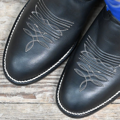 View of Hondo 14&quot; cowboy boot with royal blue top, black retan vamp, medium round toe, and spur ledge