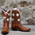 View of Stallion Ladies O.S. "Bronco" boots in cognac calf with bone, red, and green inlays