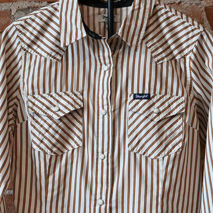 Wrangler Ladies All Occasion Western Snap Shirt in rust stripes with pearl snaps and chest pockets