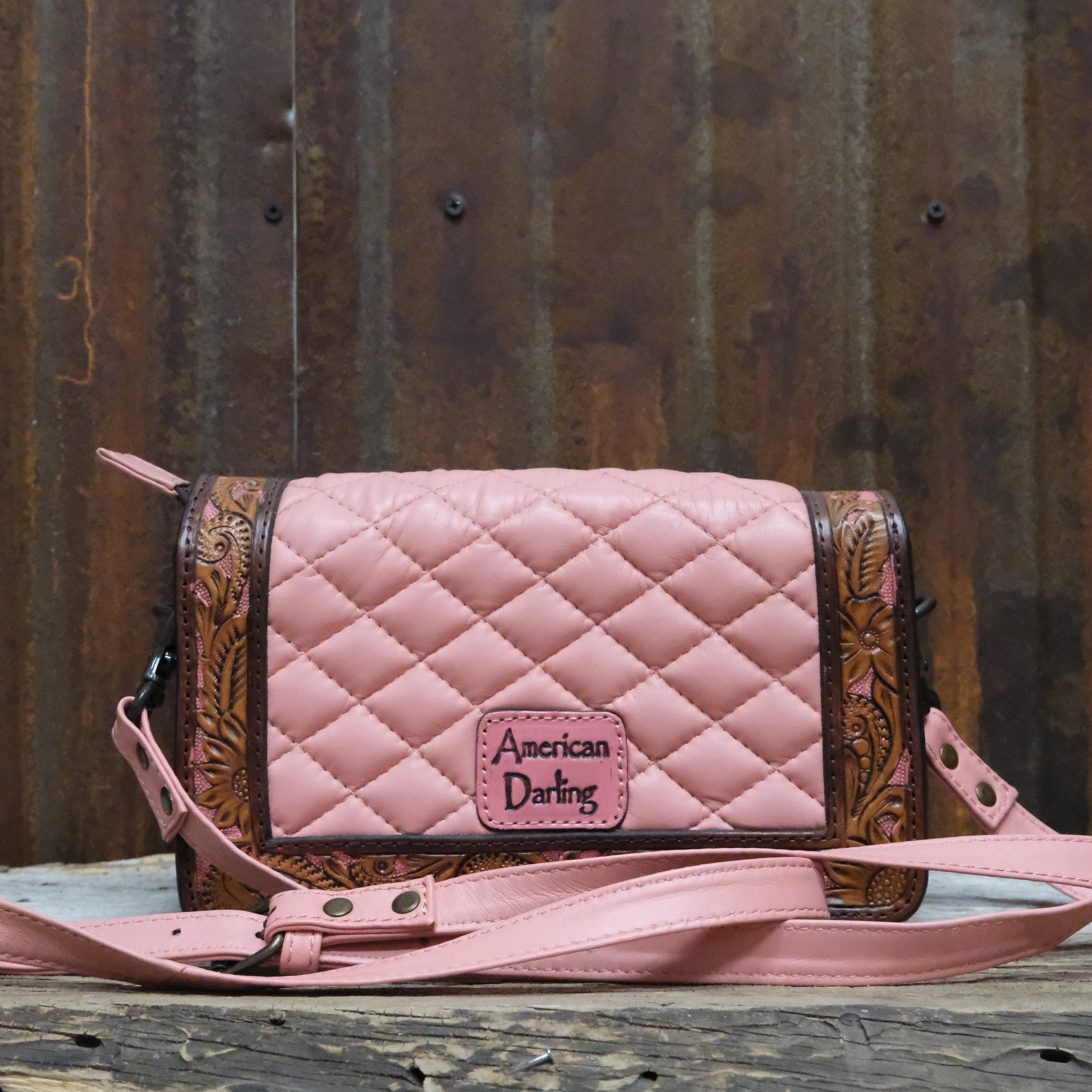 American Darling quilted leather crossbody bag in pink with tooled floral border