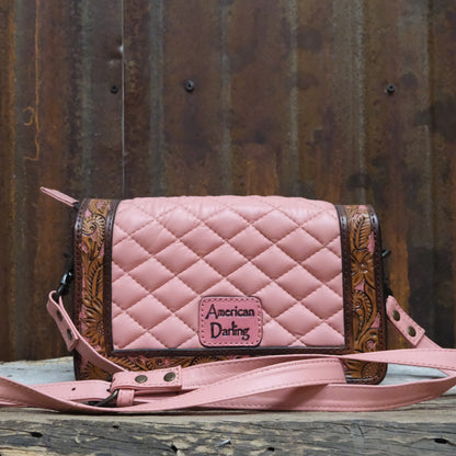 American Darling quilted leather crossbody bag in pink with tooled floral border