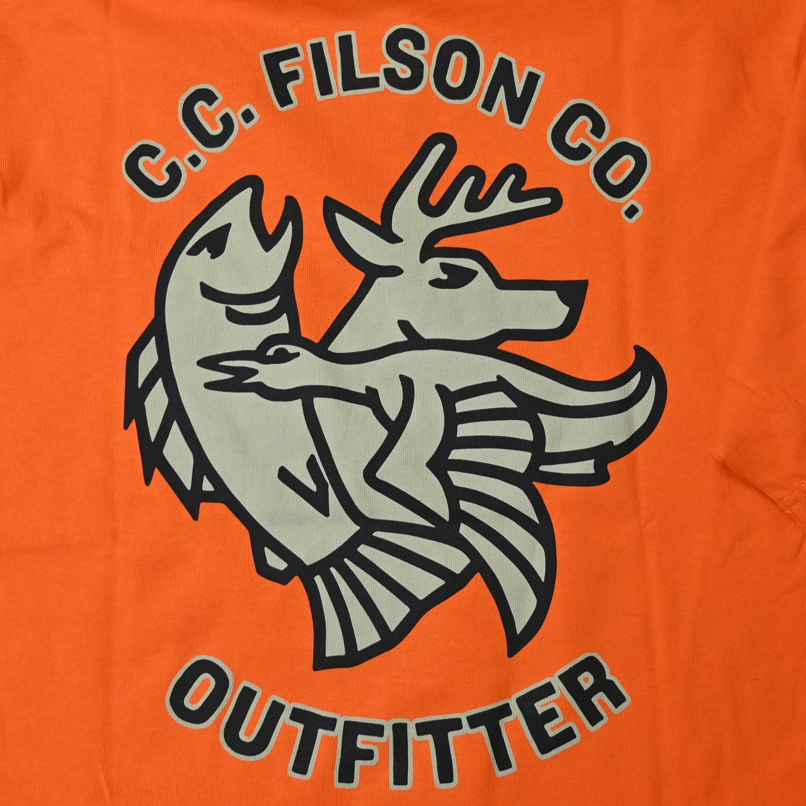 View of Filson S/S Frontier Graphic T in Flame Deco, featuring custom flame graphics and a durable rib-knit collar