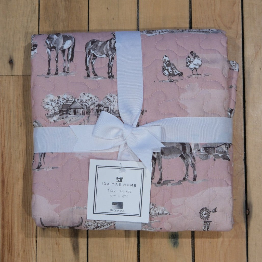 Ida Mae Home - Donkey Toile Blue Rose Baby Blanket