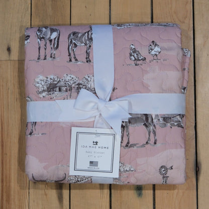 Ida Mae Home - Donkey Toile Blue Rose Baby Blanket