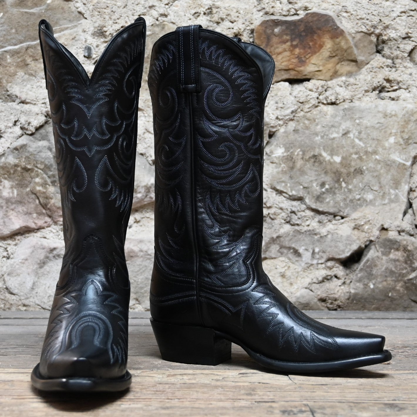 View of Hyer ROAD TO ARIZONA 13&quot; boots showcasing black Ranch Hand cowhide vamp and upper with full boot embroidery, fashion snip toe, and leather stacked heel