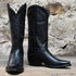 View of Hyer ROAD TO ARIZONA 13" boots showcasing black Ranch Hand cowhide vamp and upper with full boot embroidery, fashion snip toe, and leather stacked heel