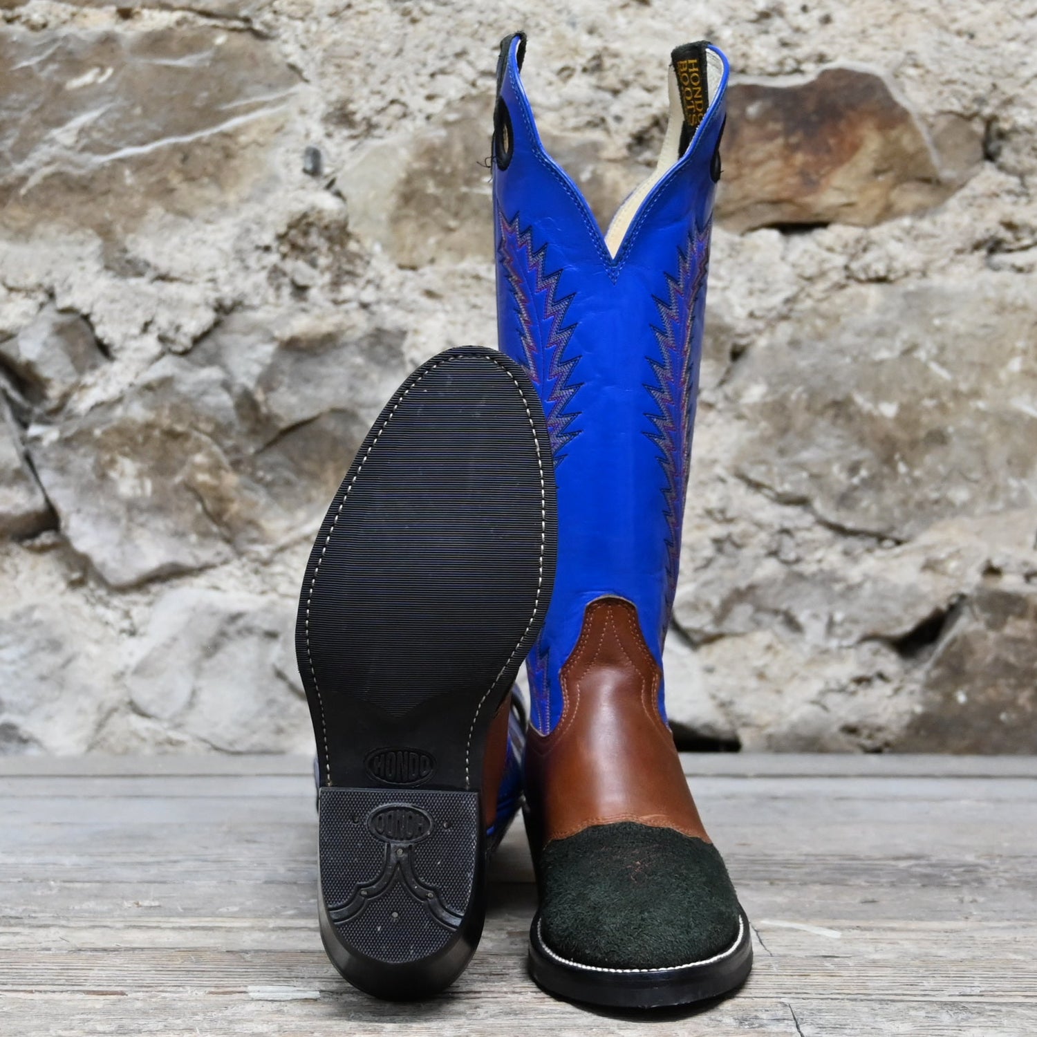 View of Hondo 16&quot; cowboy boot with royal blue top, black roughout vamp, brown overlay, and pull holes