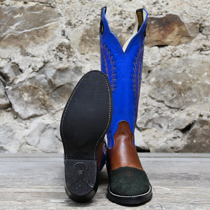 View of Hondo 16&quot; cowboy boot with royal blue top, black roughout vamp, brown overlay, and pull holes
