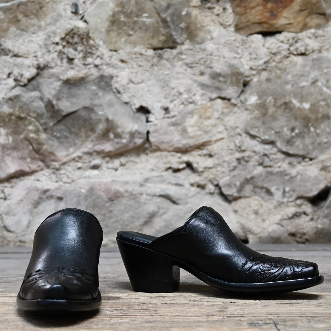 View of Stallion Ladies mule slider in antique tooled leather with 0.75 square toe and 2&quot; fashion heel