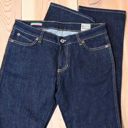 View of Blue Blanket ladies dark indigo denim jeans with straight-leg and tailored waist