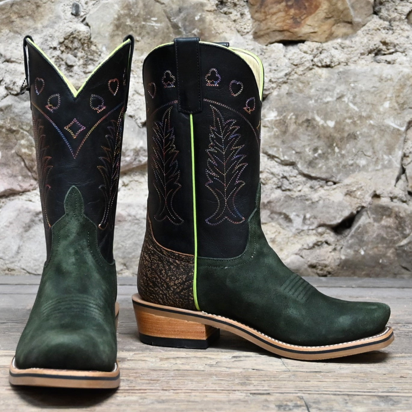 View of Horse Power 11&quot; High Noon boot with emerald suede vamp, tan and black bison top, cutter toe, rainbow stitching, and pull straps