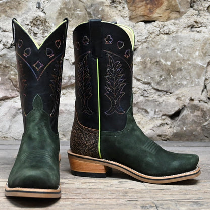 View of Horse Power 11&quot; High Noon boot with emerald suede vamp, tan and black bison top, cutter toe, rainbow stitching, and pull straps