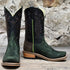 View of Horse Power 11" High Noon boot with emerald suede vamp, tan and black bison top, cutter toe, rainbow stitching, and pull straps