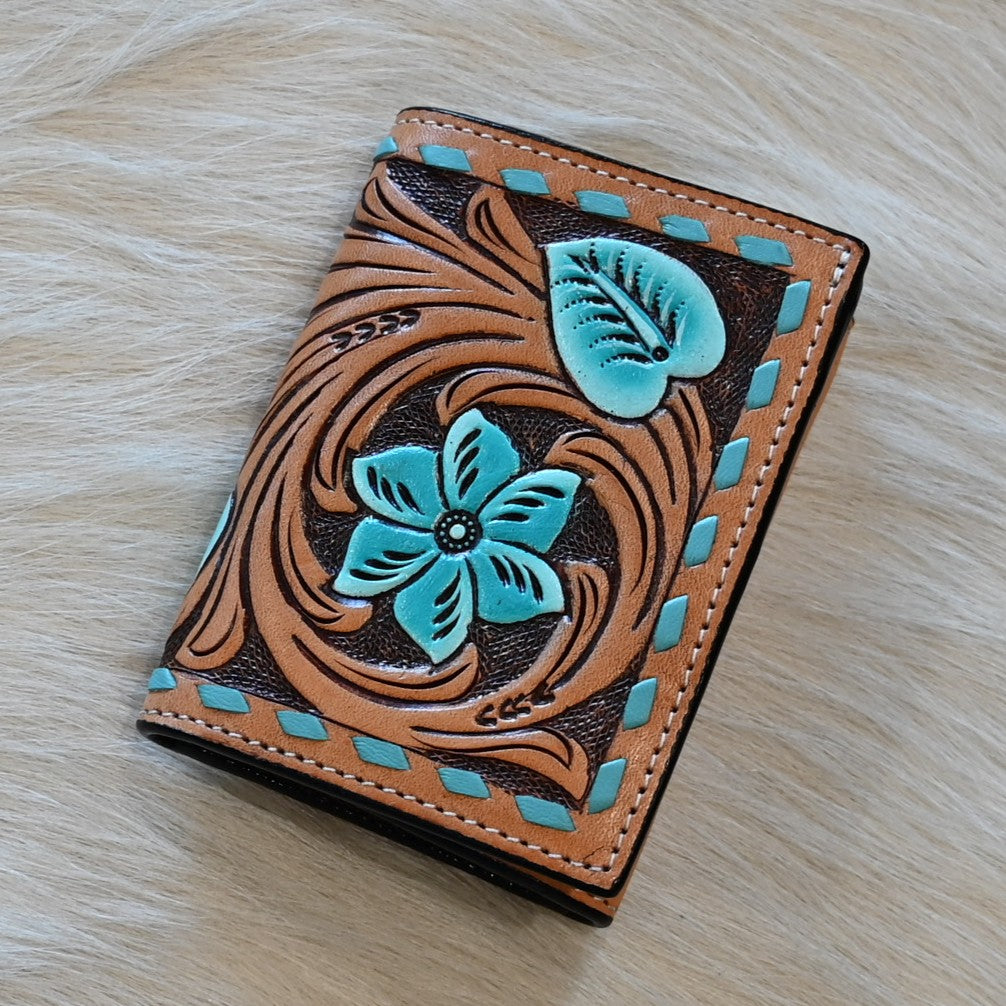 View of Front of Floral and Turquoise Trifold Wallet with Intricate Blue and Leather Design.