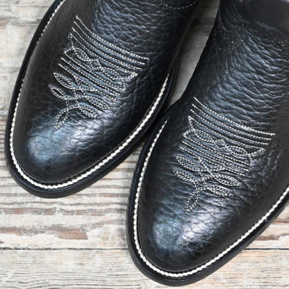 View of Hondo 14&quot; black cowboy boot with bullhide vamp, cowhide top, and medium round toe