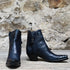 View of Stallion Ladies Zorro zip boot in dark navy Italian calf with caiman wingtip and pointed snip toe