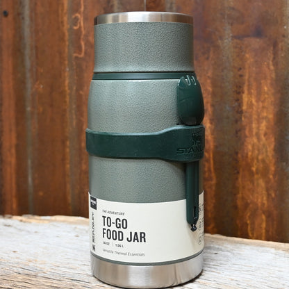 Stanley Adventure 36oz To-Go Food Jar in Hammertone Green with lid-bowl and spork.
