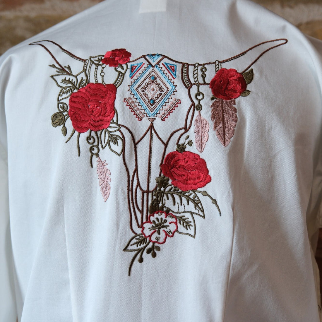 Ladies Vintage Ivory with Embroidered Red Roses
