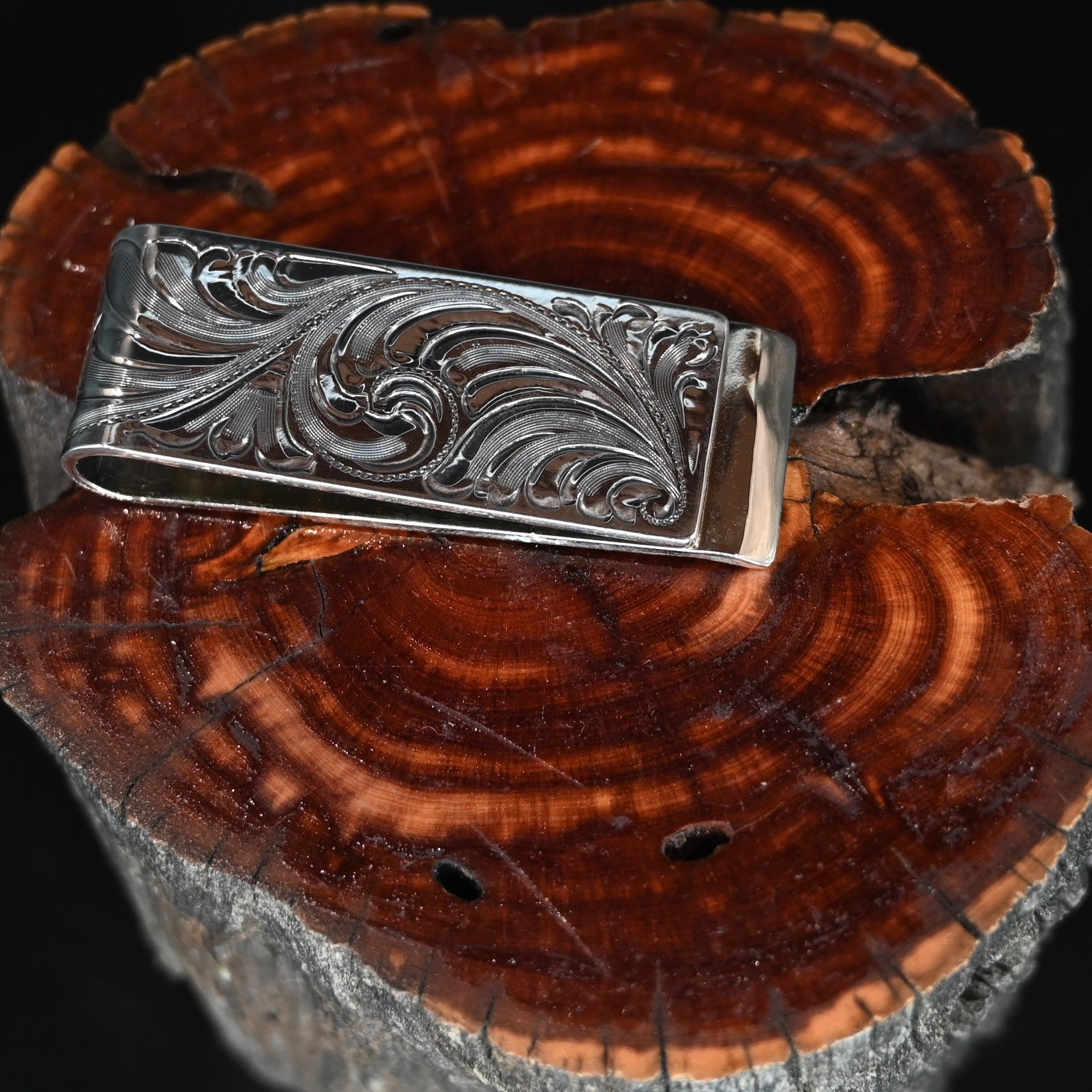 Vogt Silversmiths Golden Bull Elk sterling silver money clip with hand engraving and gold elk detail