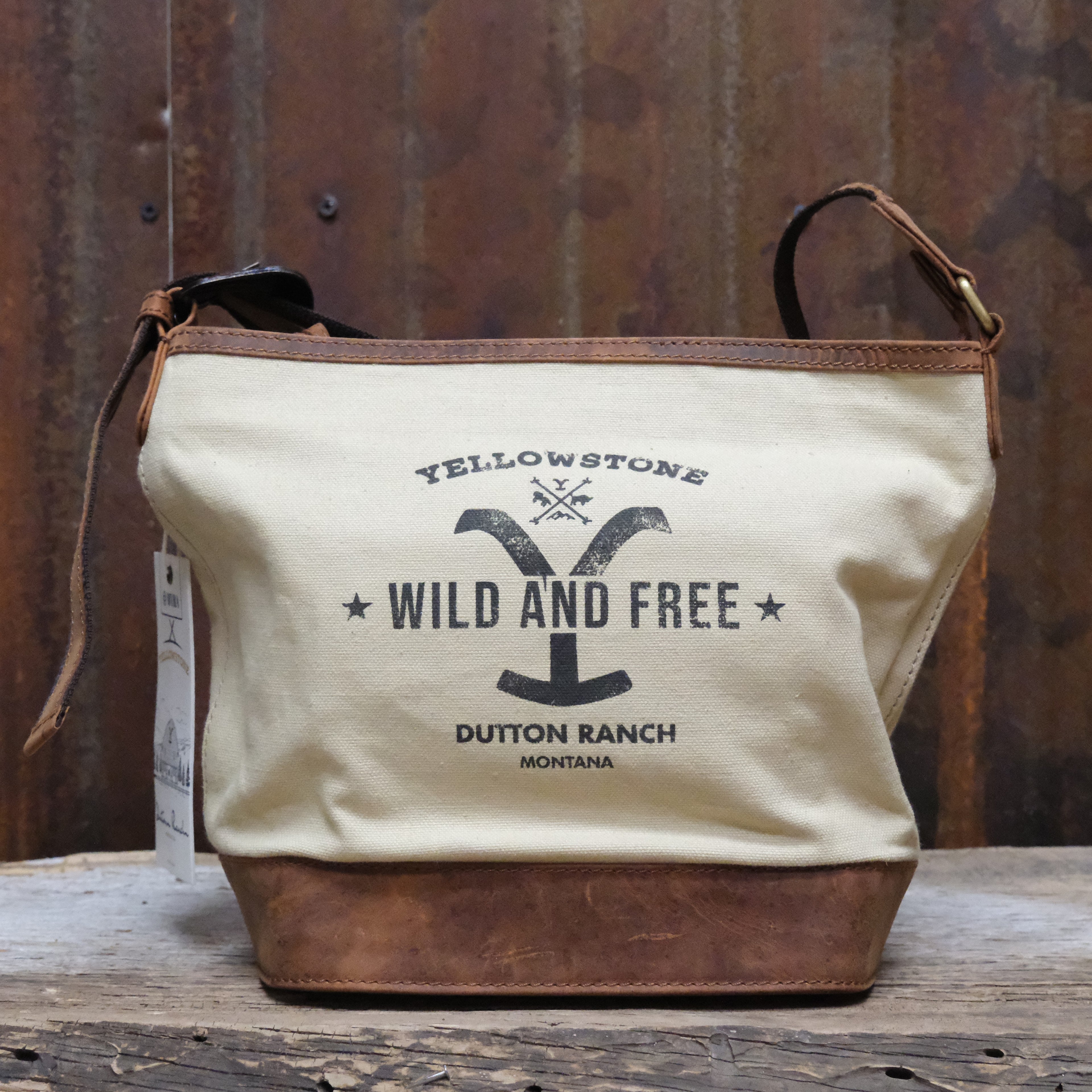 Myra Yellowstone Ivory Dominion printed canvas shoulder bag with leather trim and shoulder strap