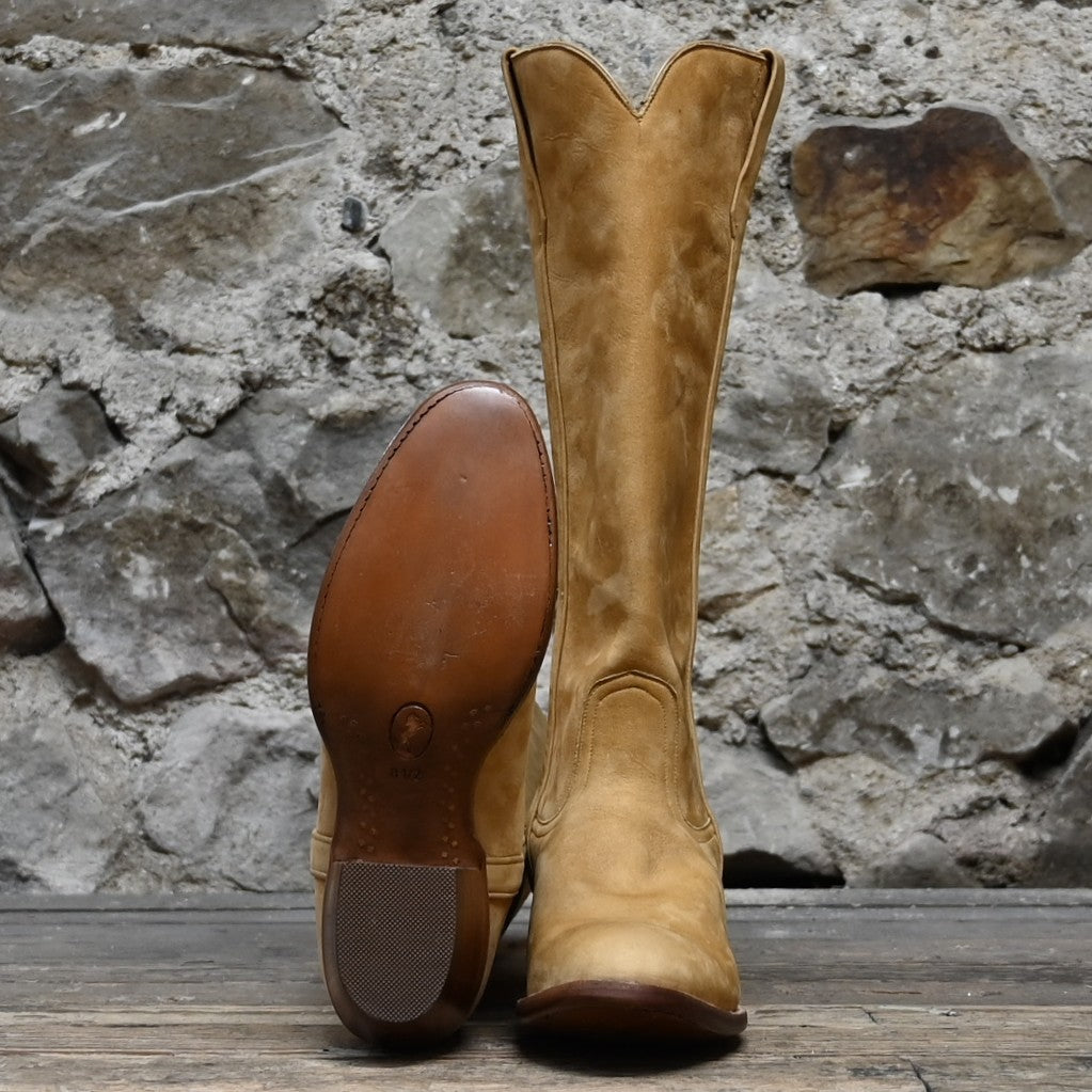 View of Stallion Ladies 16&quot; boots in Tan Nunuck leather with B toe and stacked heel
