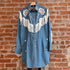 View of Rockmount ladies denim Western dress with fringe and floral embroidery