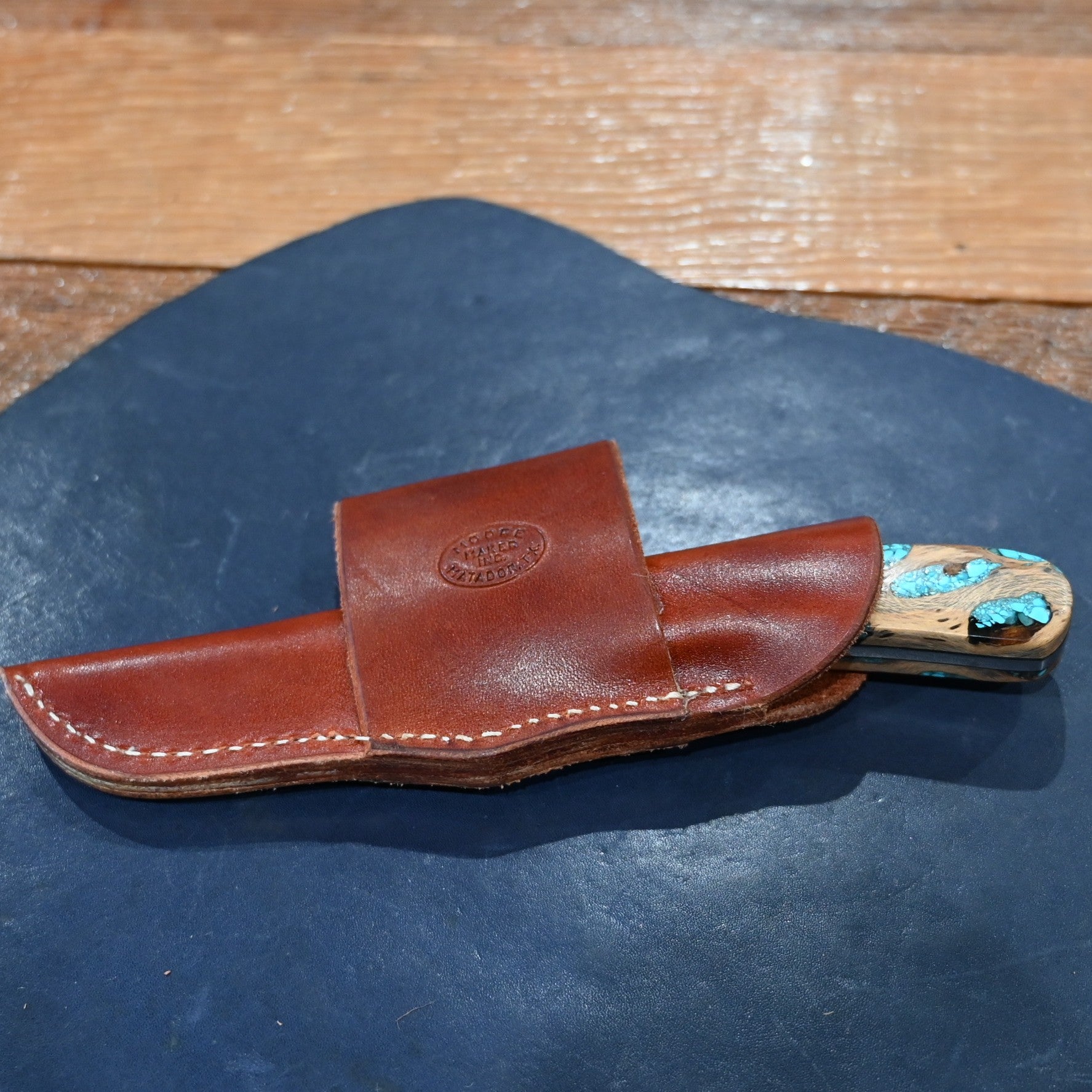 Moore Maker Damascus small game hunter knife with cholla wood handle and turquoise inlay