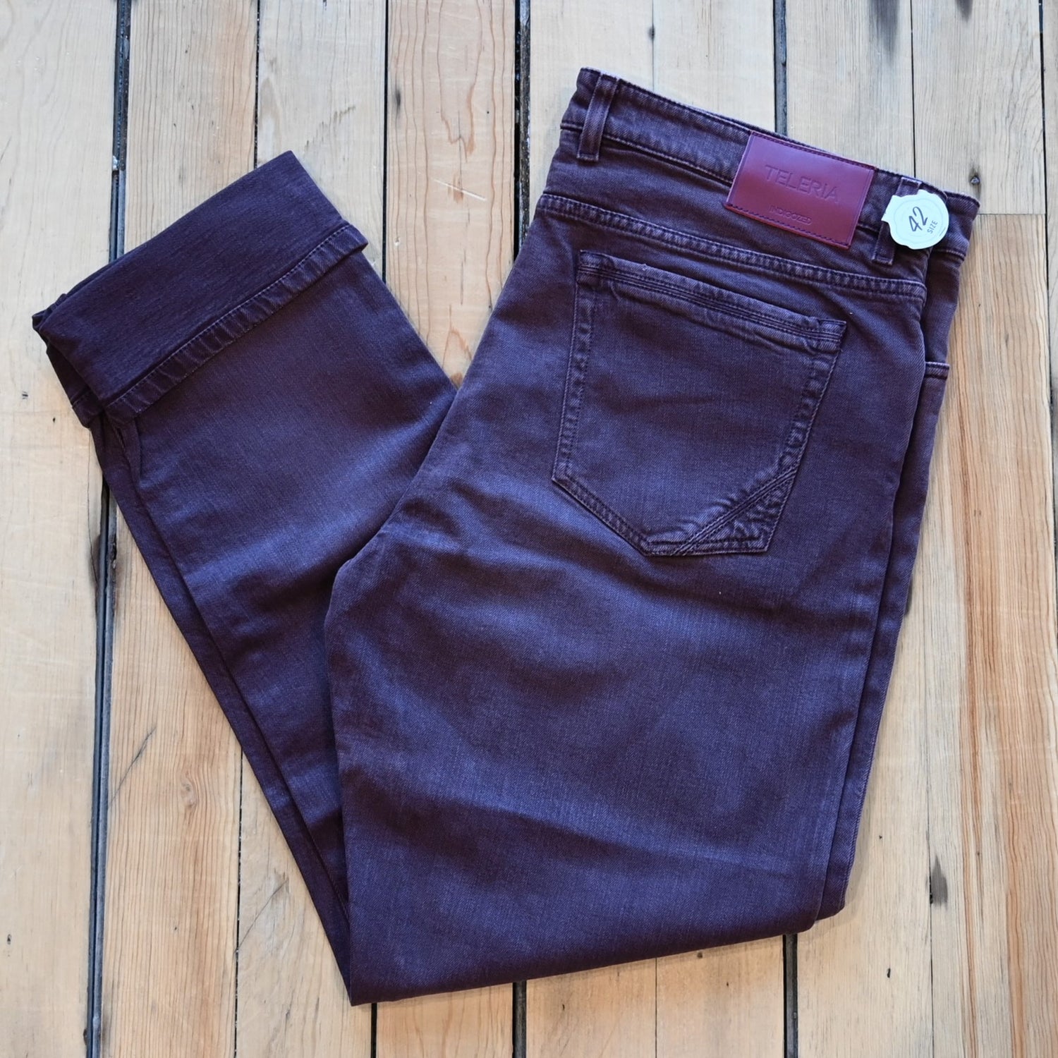 Teleria Zed 5 Pocket Jeans in Mosto soft Italian burgundy denim with modern five-pocket design