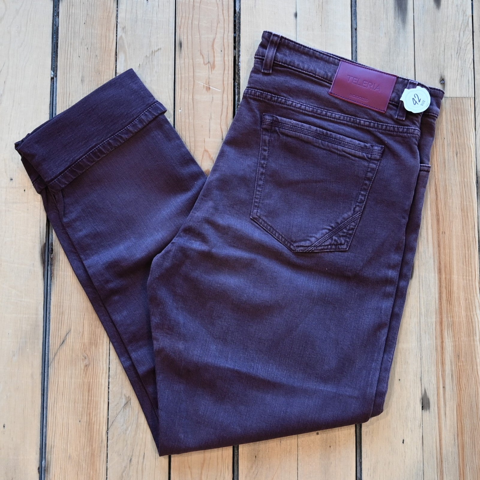 Teleria Zed 5 Pocket Jeans in Mosto soft Italian burgundy denim with modern five-pocket design