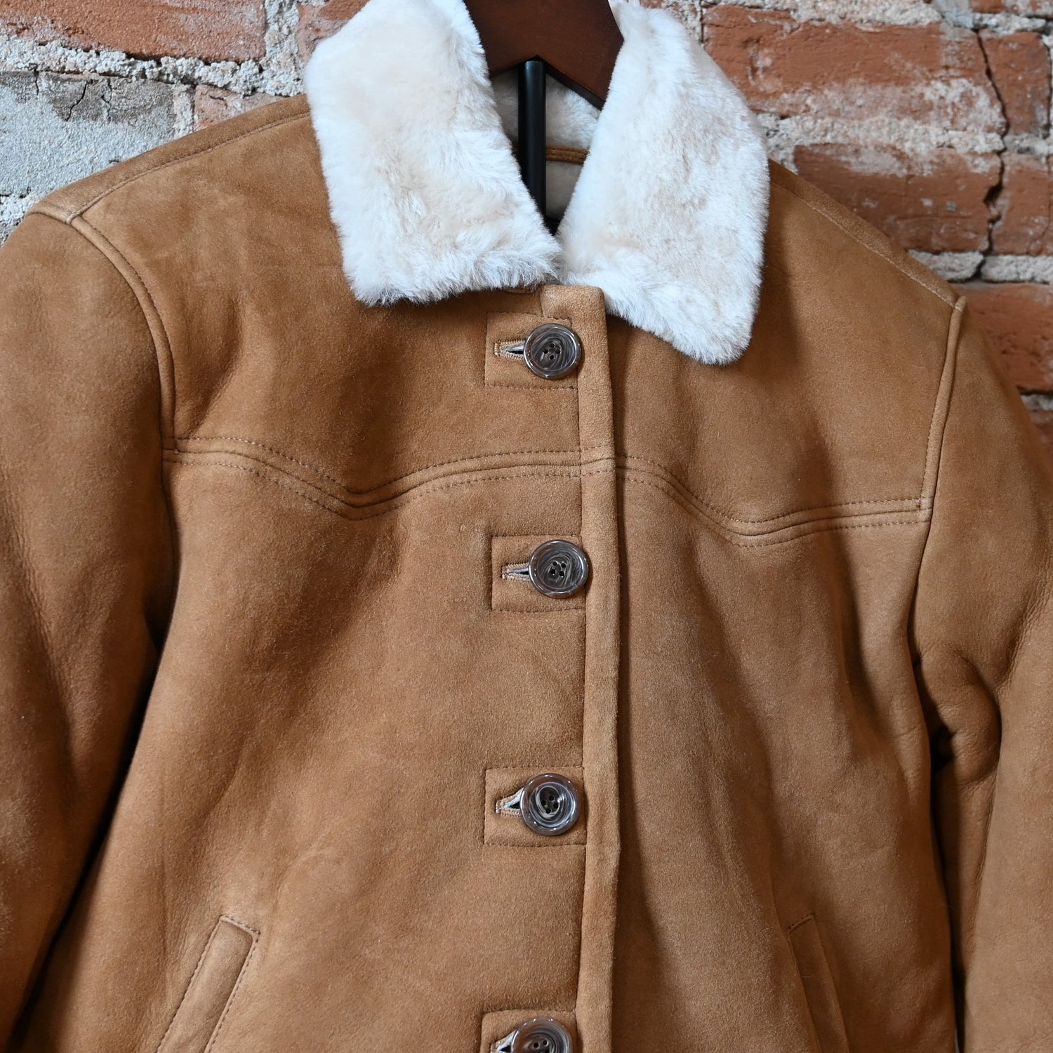 Schaefer ladies brown shearling jacket with Western yoke and cropped fit