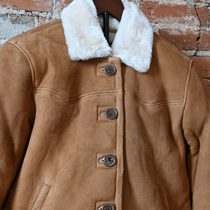 Schaefer ladies brown shearling jacket with Western yoke and cropped fit