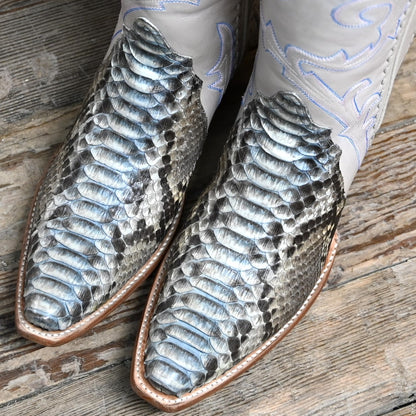 View of Stallion Ladies 14&quot; Gallegos boot with painted blue python, cream calf top, and snip toe