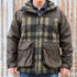 View of Filson Mackinaw Wool Hunting Jacket in Otter Green/Black Plaid featuring oil-finish Cover Cloth overlays and fleece-lined pockets