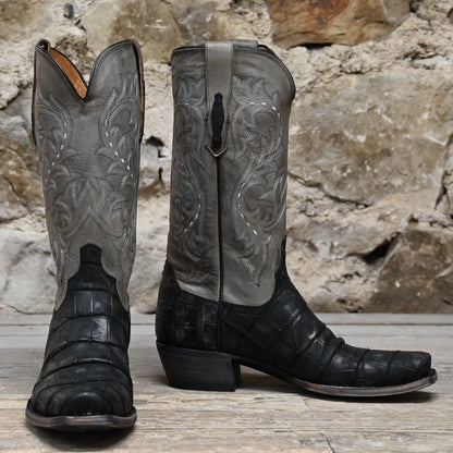 Lucchese men’s 13-inch boot in black giant American alligator leather with distressed finish and square toe