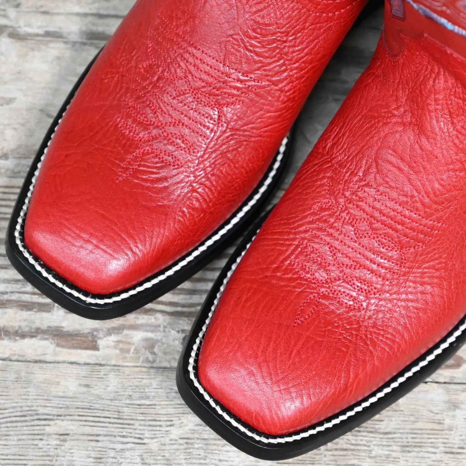 View of Hondo 13&quot; cowboy boot with red cowhide top, red shoulder vamp, and medium square toe