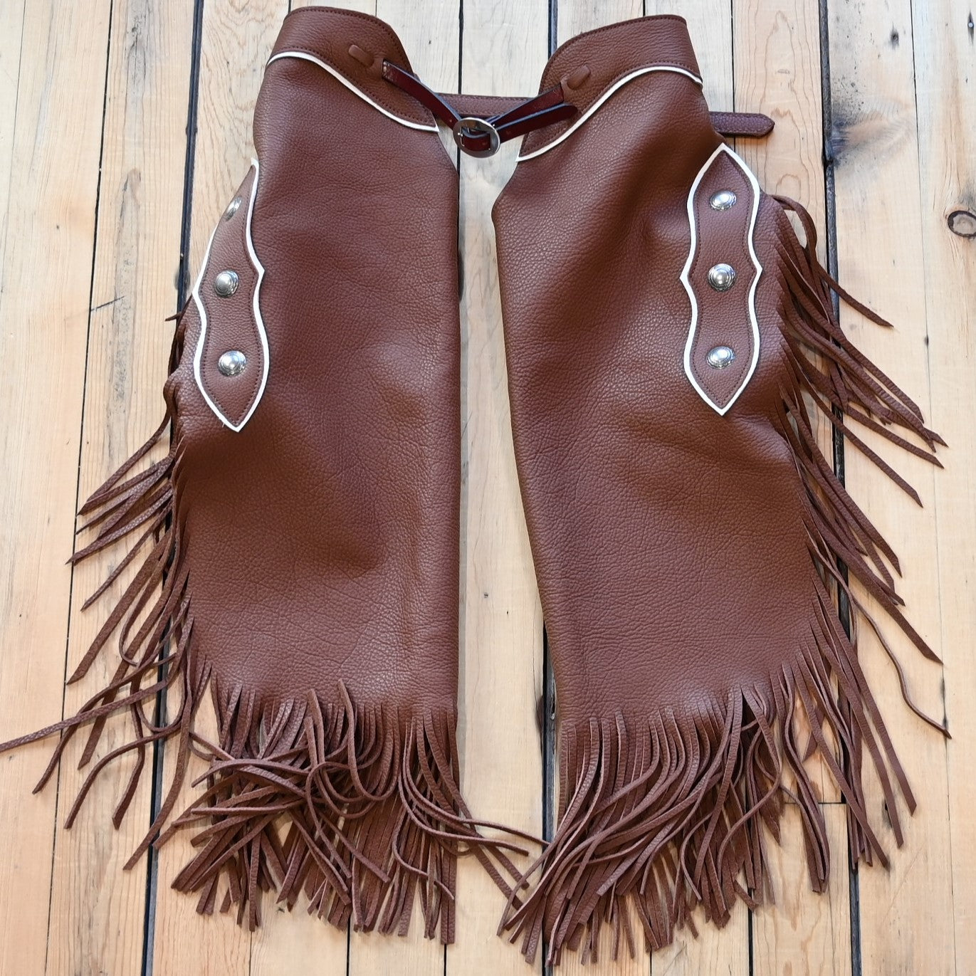 View of K Bar J Chinks with Buckles and Chap Leather Top in Size Small