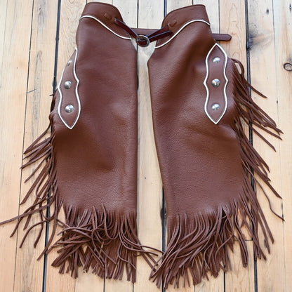 View of K Bar J Chinks with Buckles and Chap Leather Top in Size Small