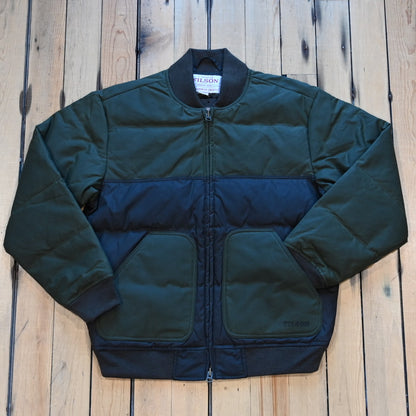 Filson down bomber jacket in otter green, waxed cotton shell with insulated down core