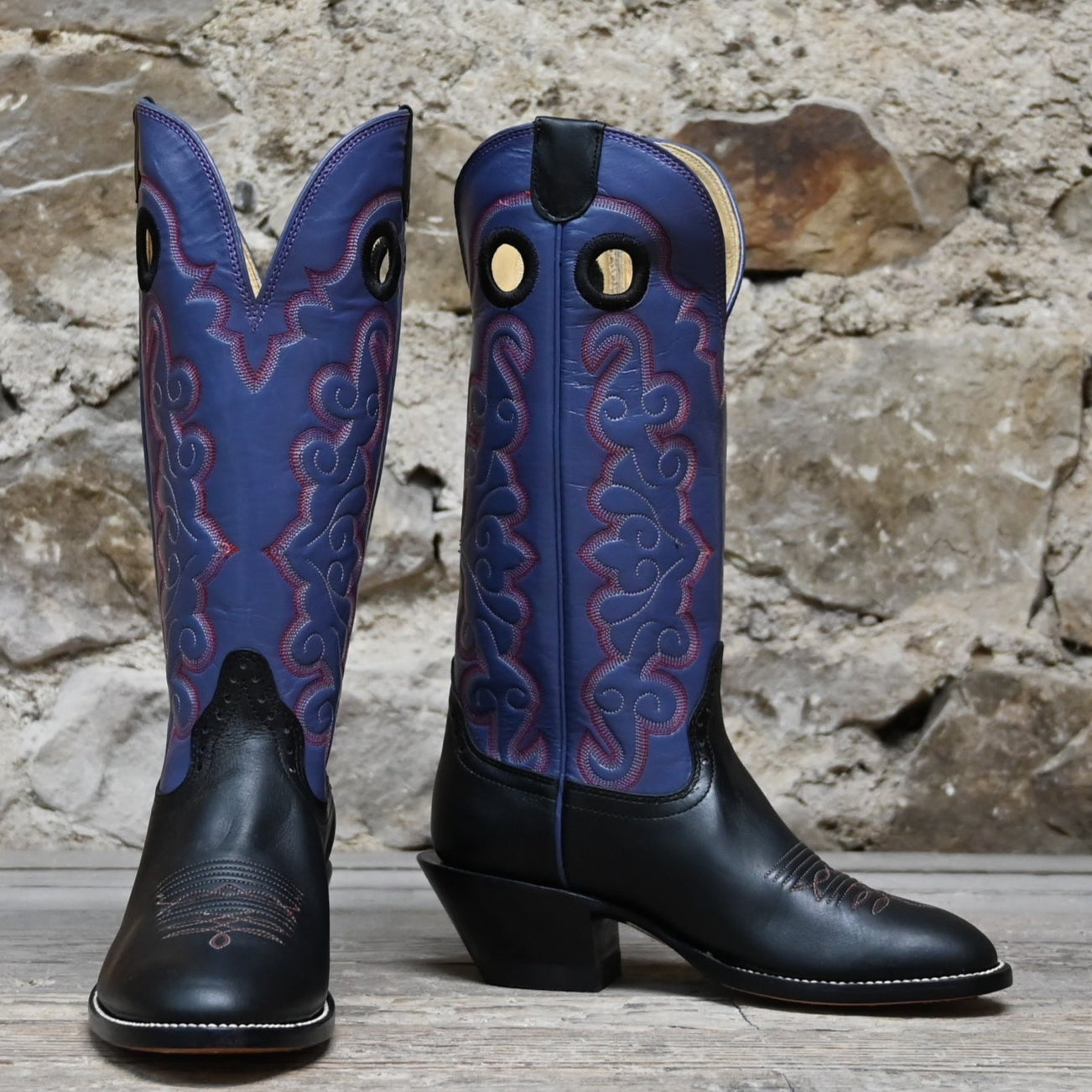 View of Hondo 14&quot; cowboy boot with purple top, black retan vamp, medium round toe, and spur ledge