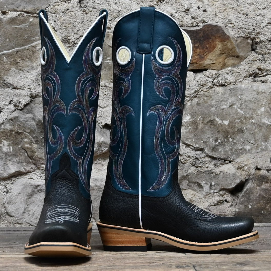 Horse Power 15″ Blue Texas boot with dark teal shaft and black rock leather vamp