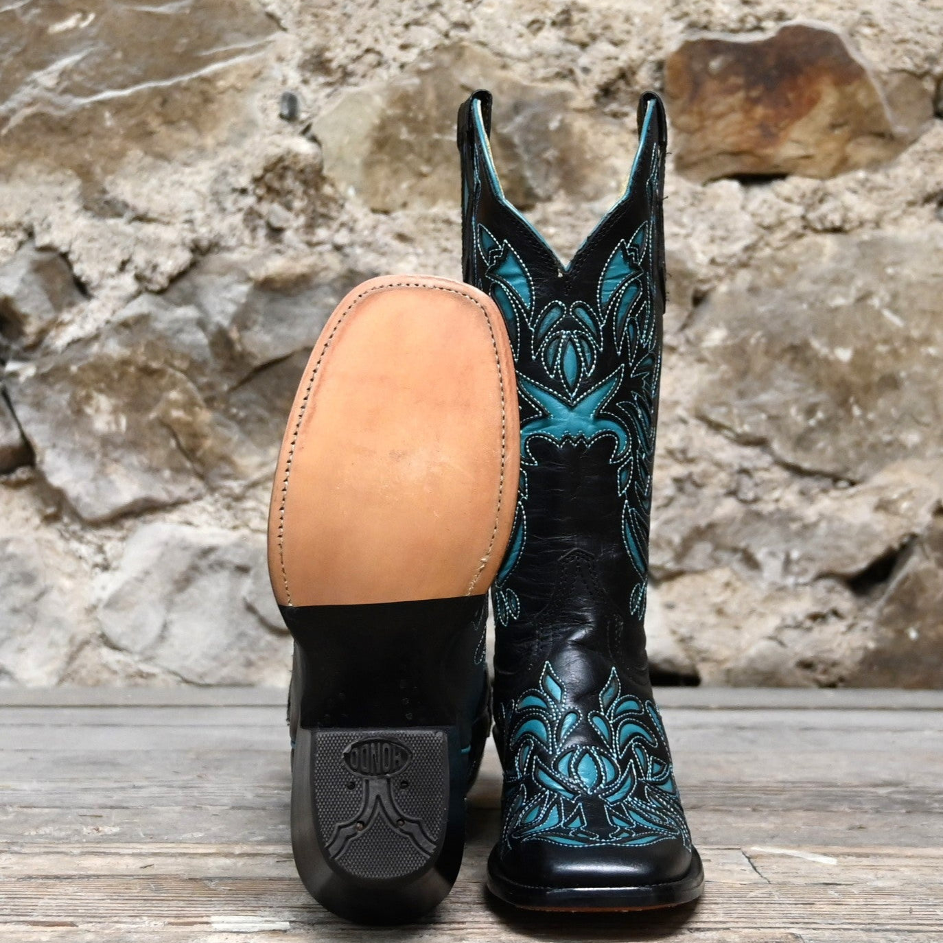 View of Hondo 13&quot; black volcano cowboy boot with turquoise inlays and wide square toe