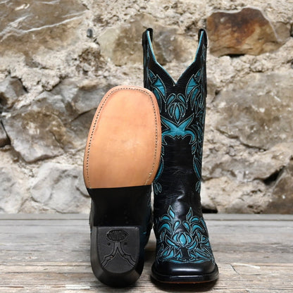 View of Hondo 13&quot; black volcano cowboy boot with turquoise inlays and wide square toe