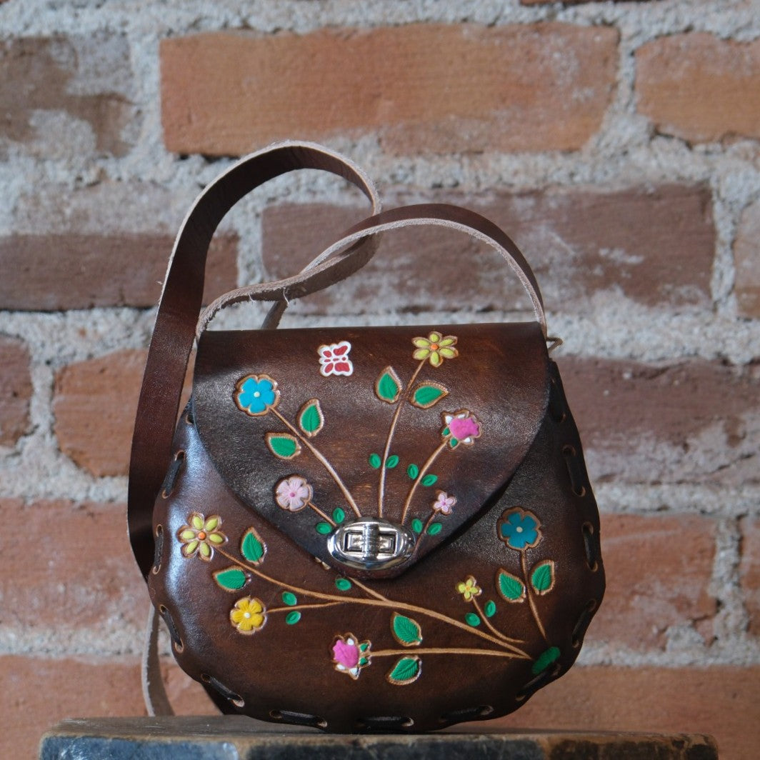 SouthBay Leather Kids Floral Tooled Purse - Dark Brown