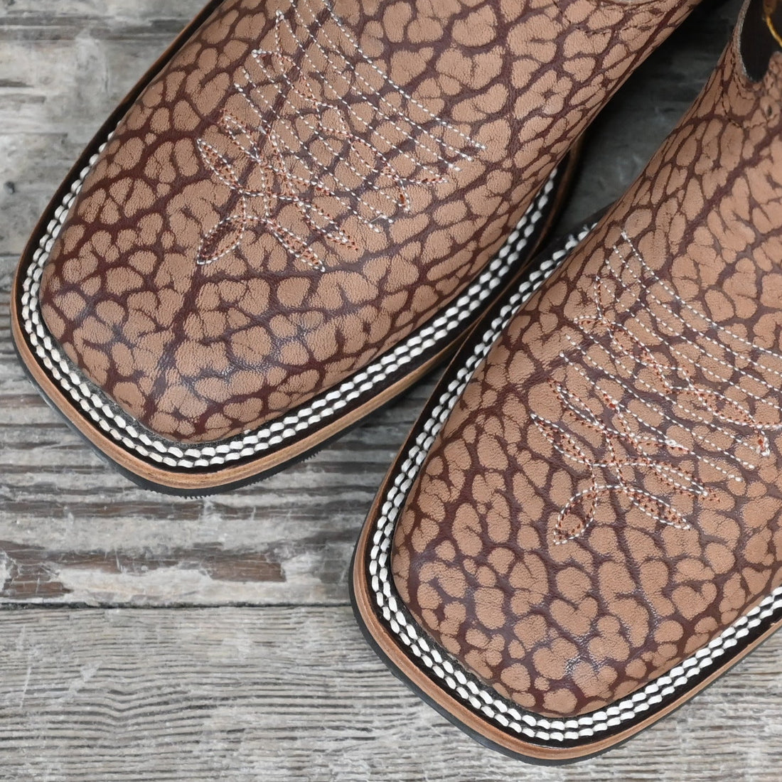 View of Hondo 11&quot; cowboy boot with sand nubuck bullhide vamp, brown volcano top, and wide square toe