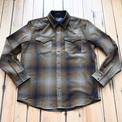 View of Pendleton men’s Canyon shirt in olive and brown ombré wool with snap front and Western yokes