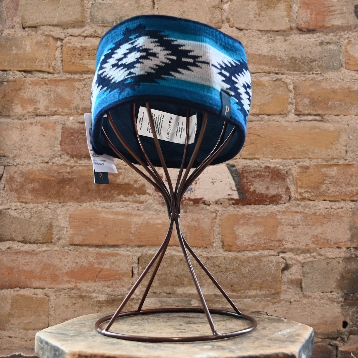 View of Pendleton blue Aztec-pattern fleece-lined Saltillo Sunset knit headband